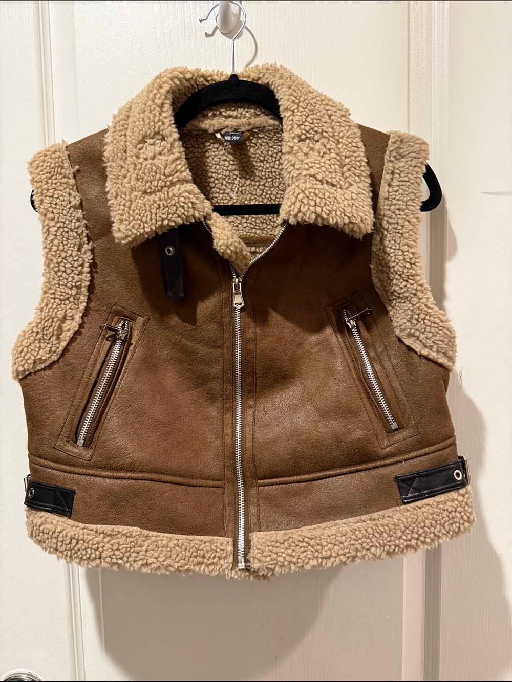 NWOT Windsor Brown Faux Shearling Vest with Cream Trim